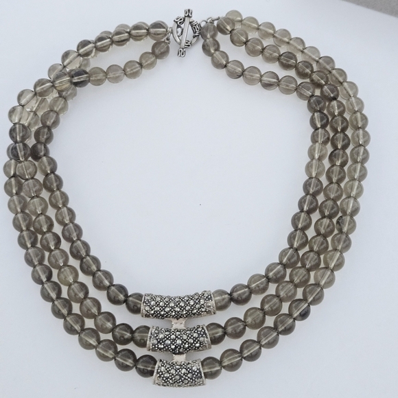 Vintage Triple Strand Natural Smoky Quartz .925 Sterling Silver  Necklace - Picture 1 of 7